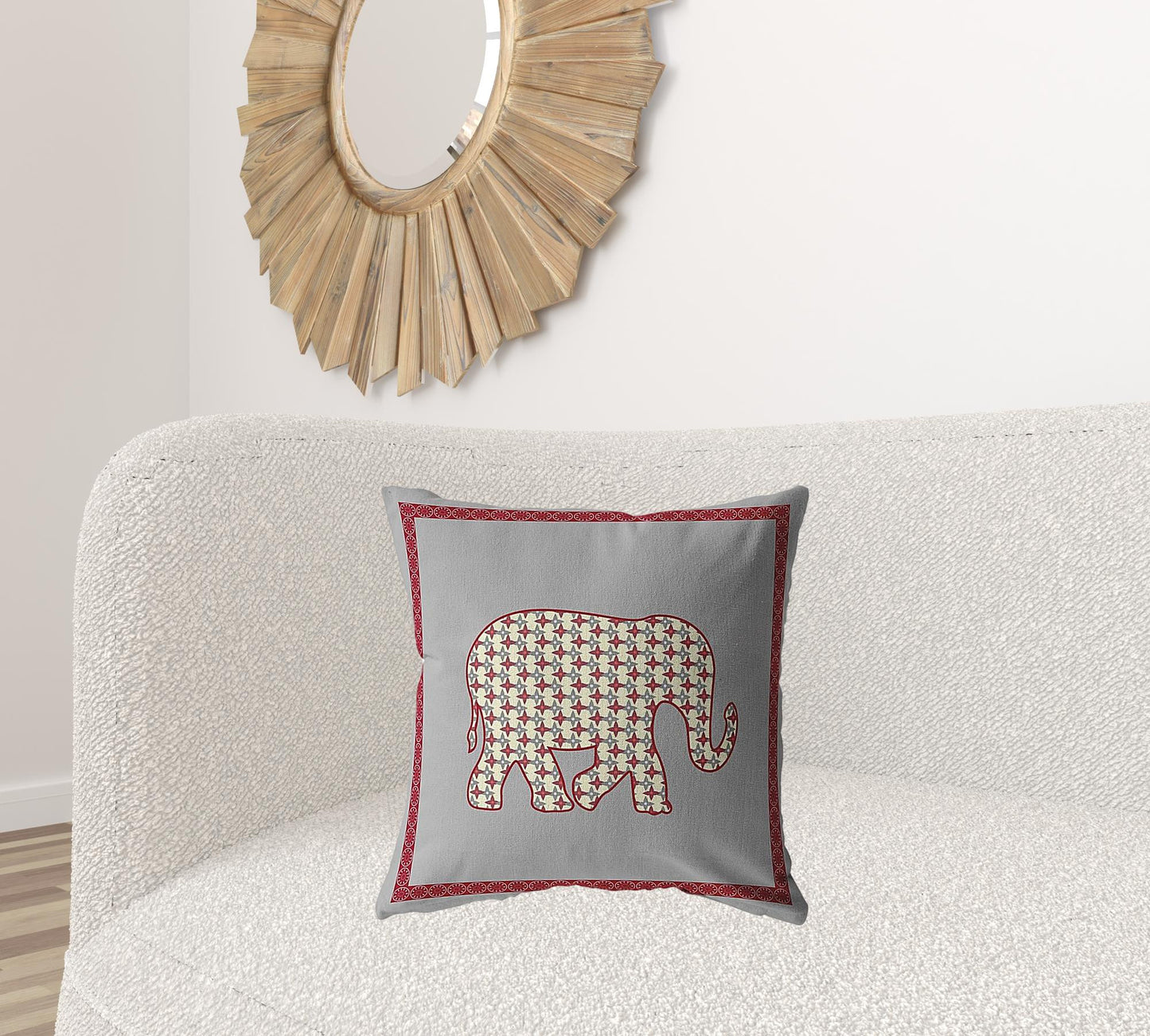 18” Red Gray Elephant Boho Suede Throw Pillow