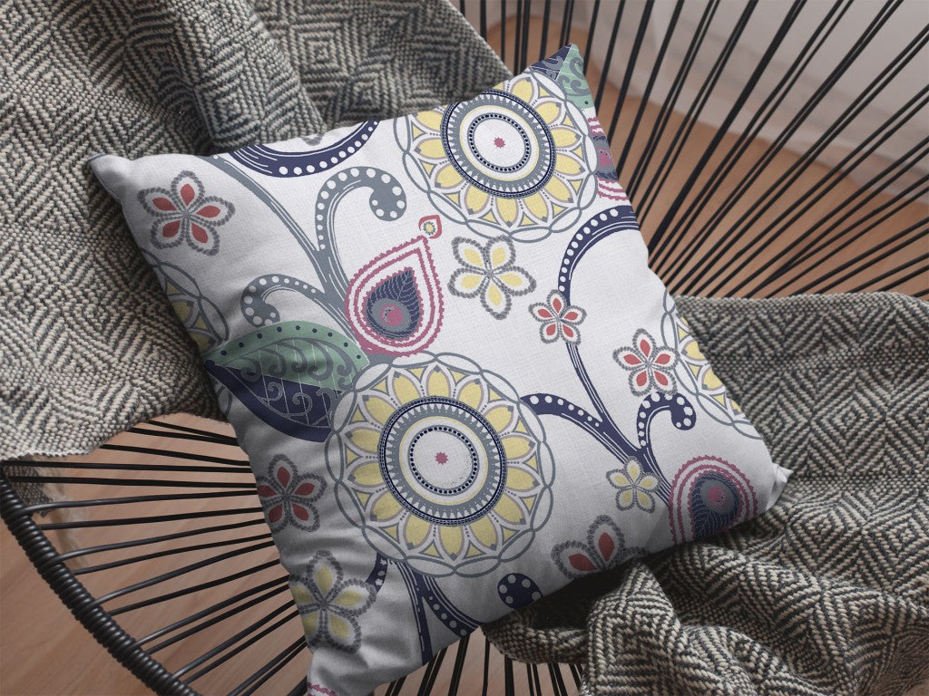 18” White Yellow Floral Suede Throw Pillow