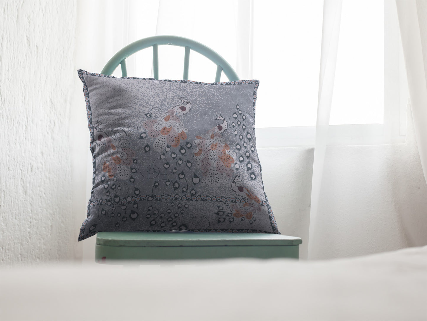18” Gray Orange Boho Bird Suede Throw Pillow