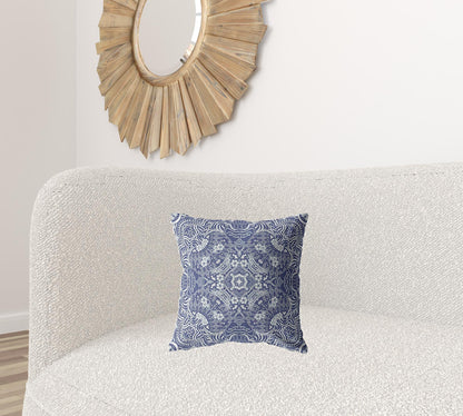 16” Indigo White Boho Ornate Suede Throw Pillow