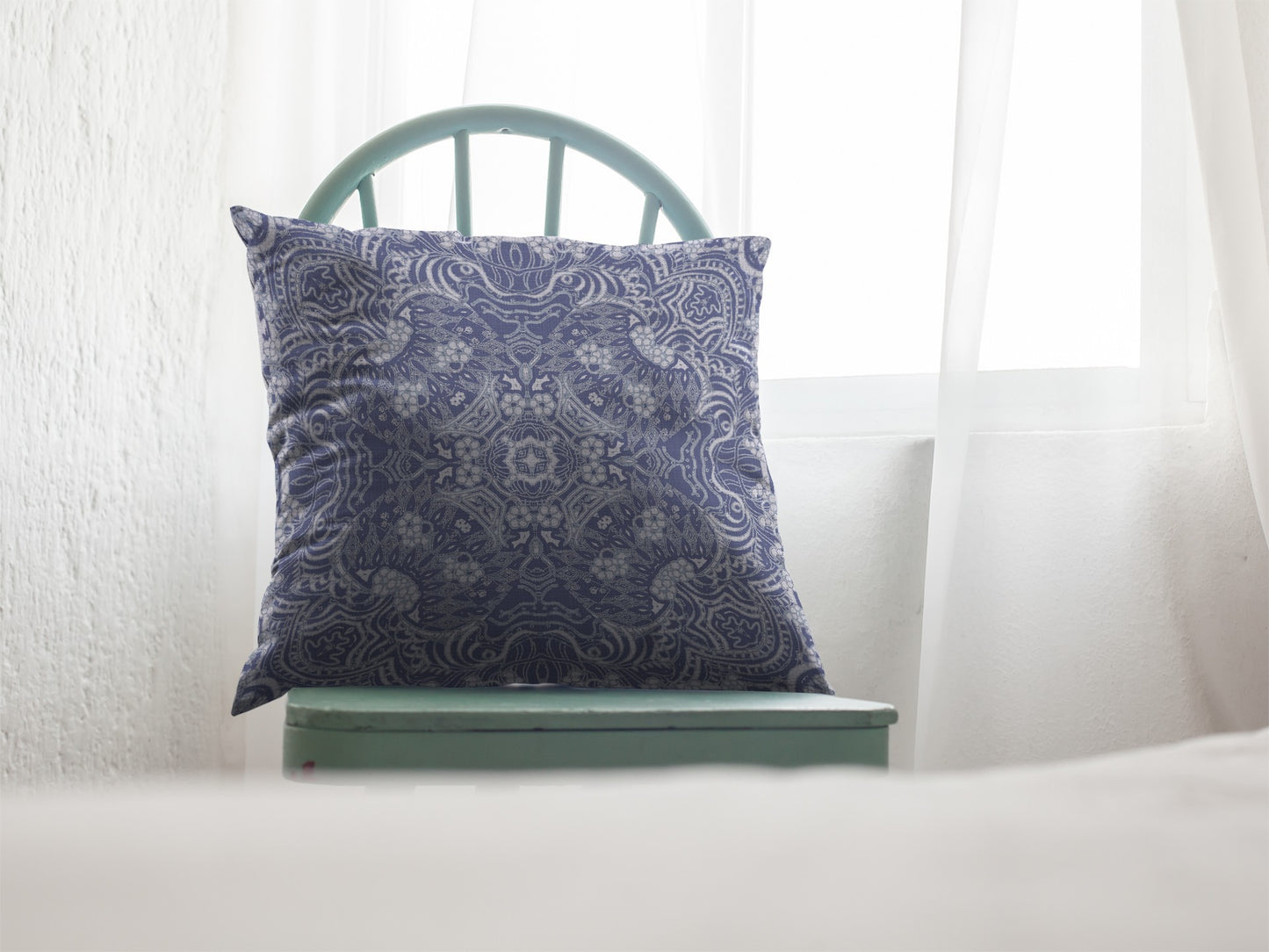 18” Indigo White Boho Ornate Suede Throw Pillow