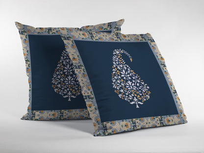 16” Orange Navy Paisley Suede Decorative Throw Pillow