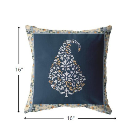 16” Orange Navy Paisley Suede Decorative Throw Pillow