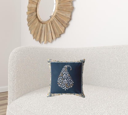 16” Orange Navy Paisley Suede Decorative Throw Pillow