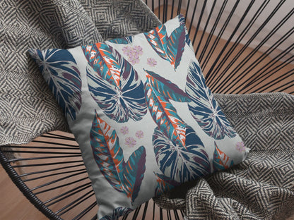 18” Blue Gray Tropical Leaf Suede Throw Pillow