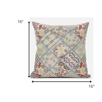 16” Cream Red Patch Suede Zippered Throw Pillow