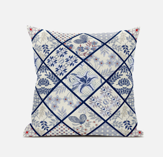 16” White Navy Patch Suede Zippered Throw Pillow