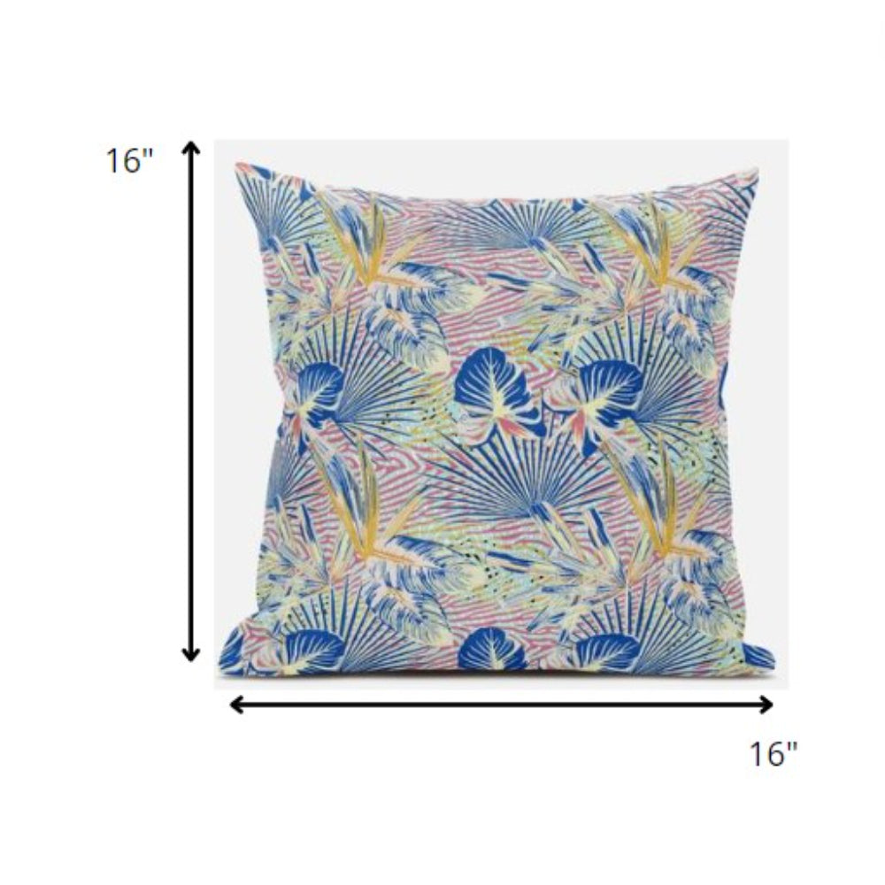 16” Blue Pink Tropical Zippered Suede Throw Pillow