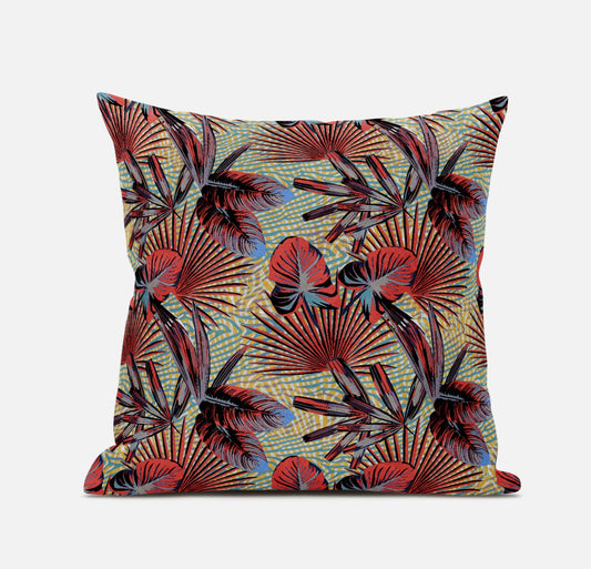 16” Red Yellow Tropical Zippered Suede Throw Pillow