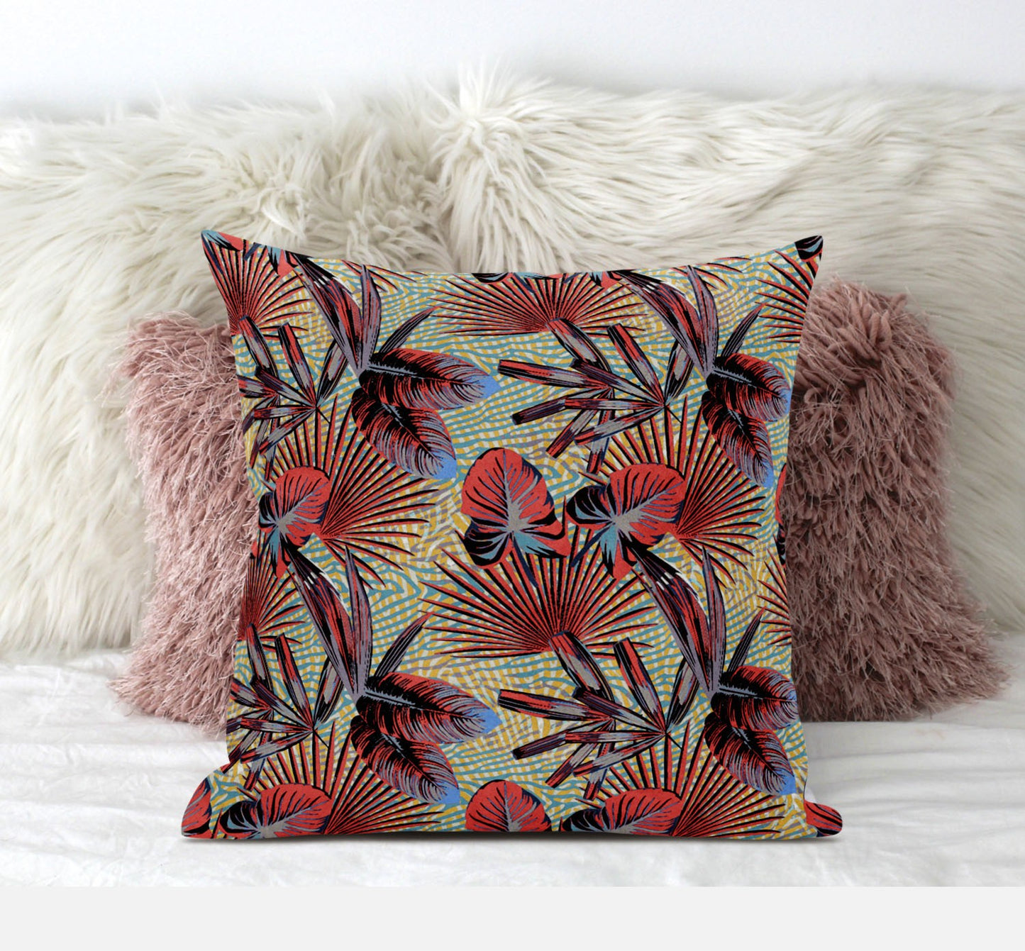 18” Red Yellow Tropical Zippered Suede Throw Pillow
