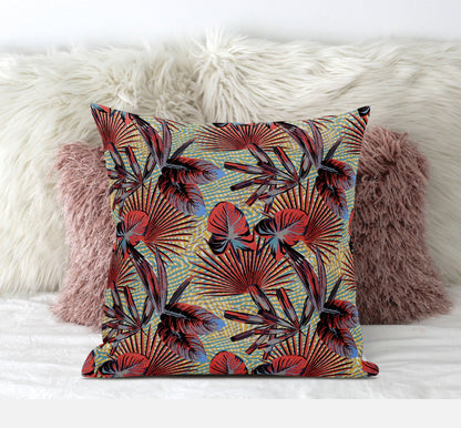 18” Red Yellow Tropical Zippered Suede Throw Pillow