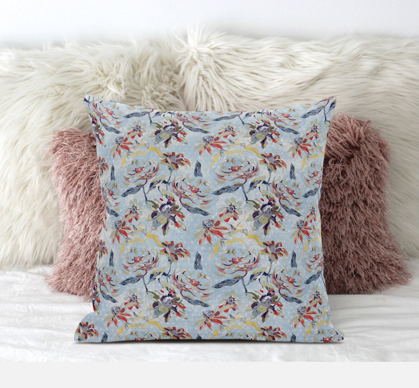 16" Sky Blue Red Roses Zippered Suede Throw Pillow