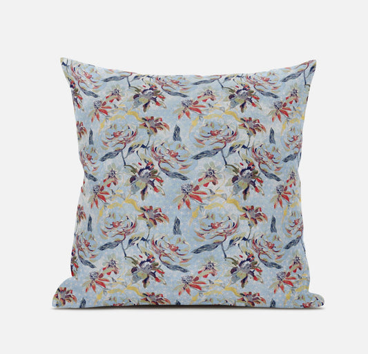 18" Sky Blue Red Roses Zippered Suede Throw Pillow