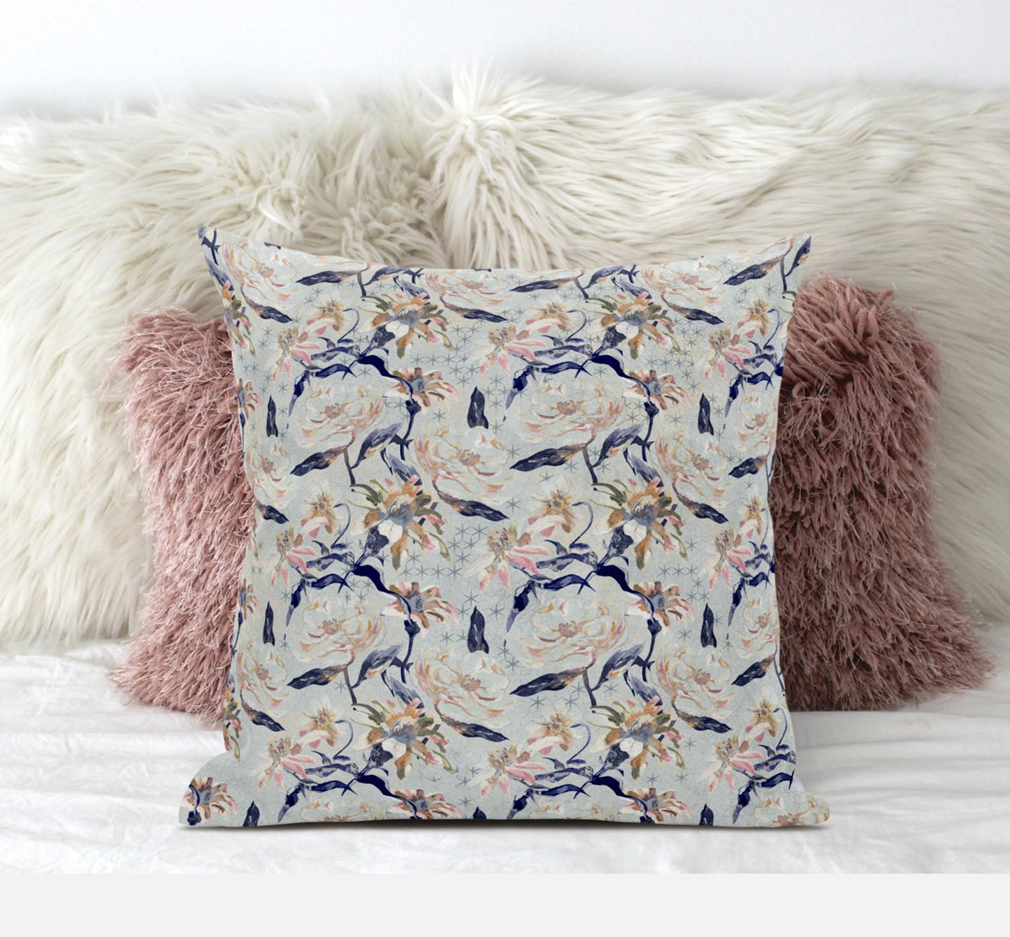 16" Light Blue Indigo Roses Zippered Suede Throw Pillow