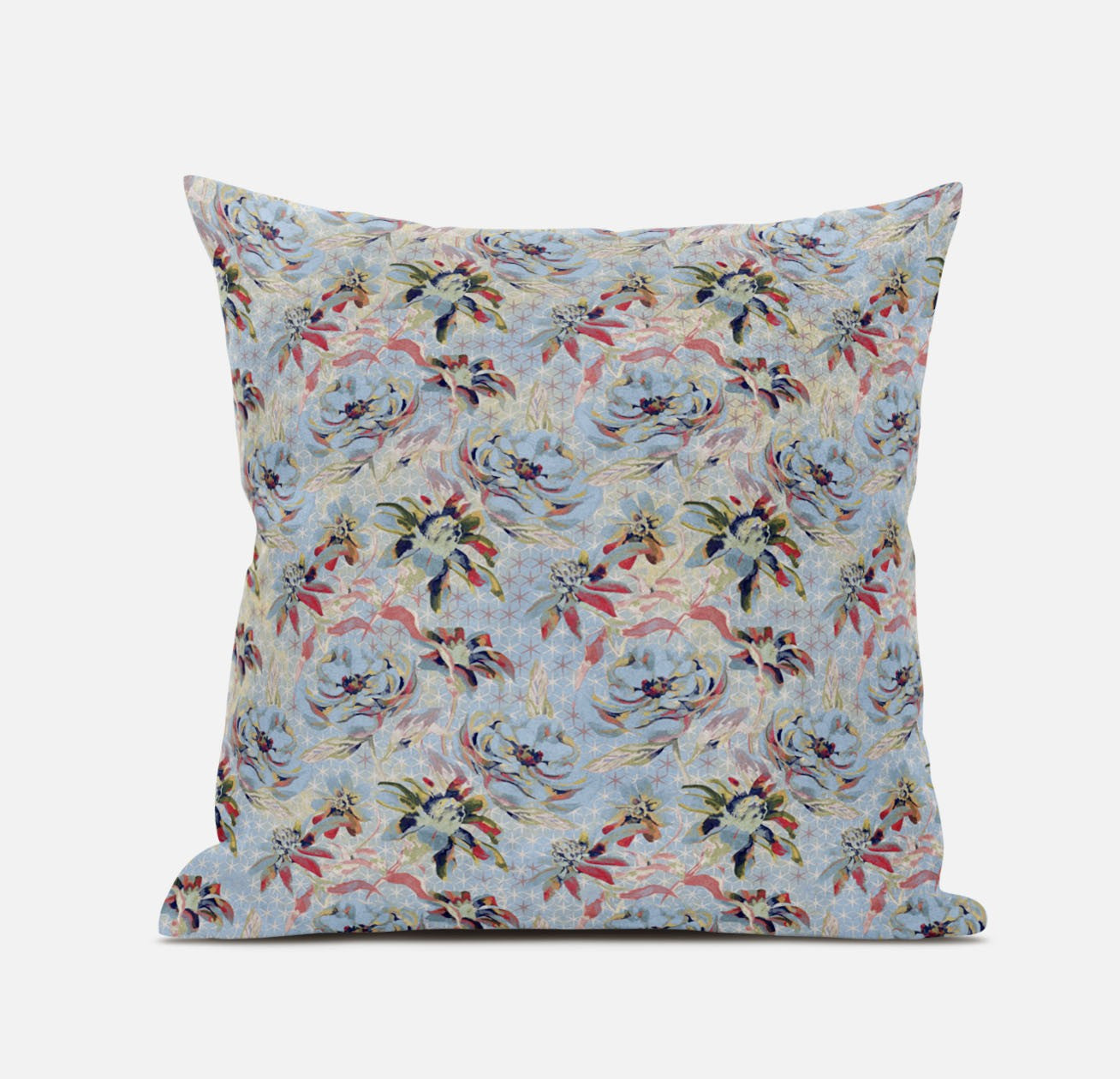 18" Light Blue Red Roses Zippered Suede Throw Pillow