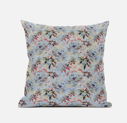 18" Light Blue Red Roses Zippered Suede Throw Pillow