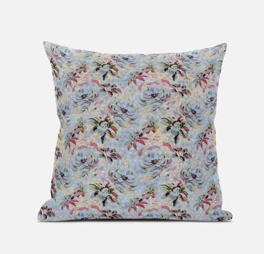 18" Light Blue Red Roses Zippered Suede Throw Pillow