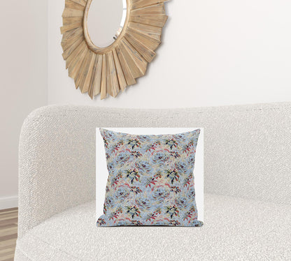 18" Light Blue Red Roses Zippered Suede Throw Pillow