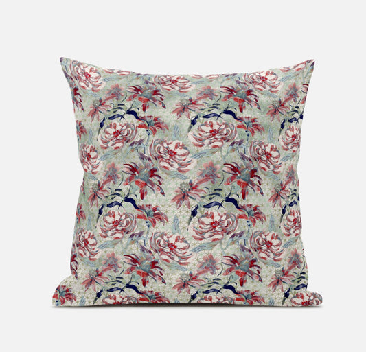 16" Red Pale Green Roses Zippered Suede Throw Pillow