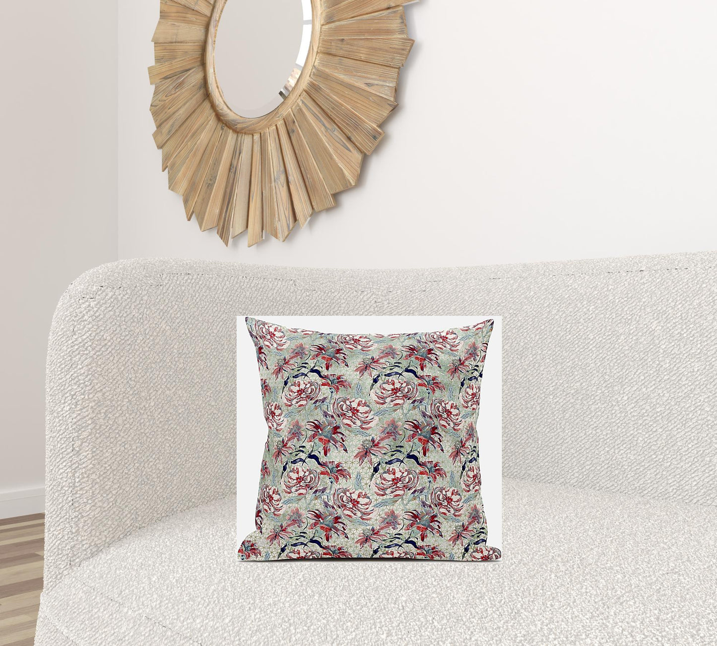 18" Red Pale Green Roses Zippered Suede Throw Pillow