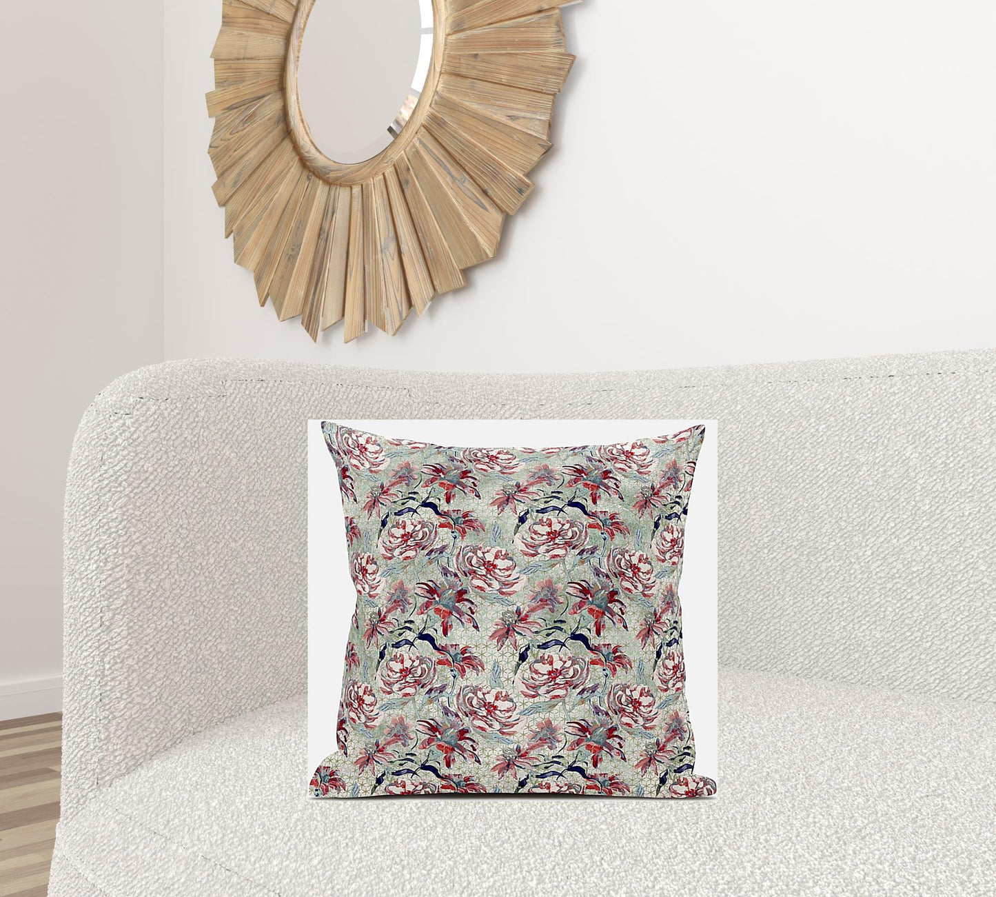 18" Red Pale Green Roses Zippered Suede Throw Pillow