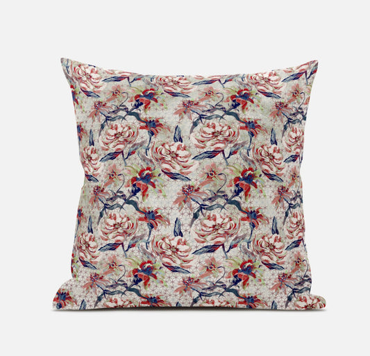 18" Red Light Indigo Roses Zippered Suede Throw Pillow