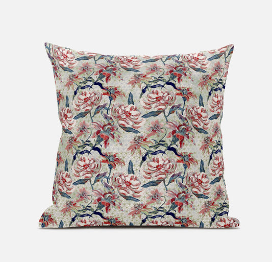 18" Red Pale Green Roses Zippered Suede Throw Pillow