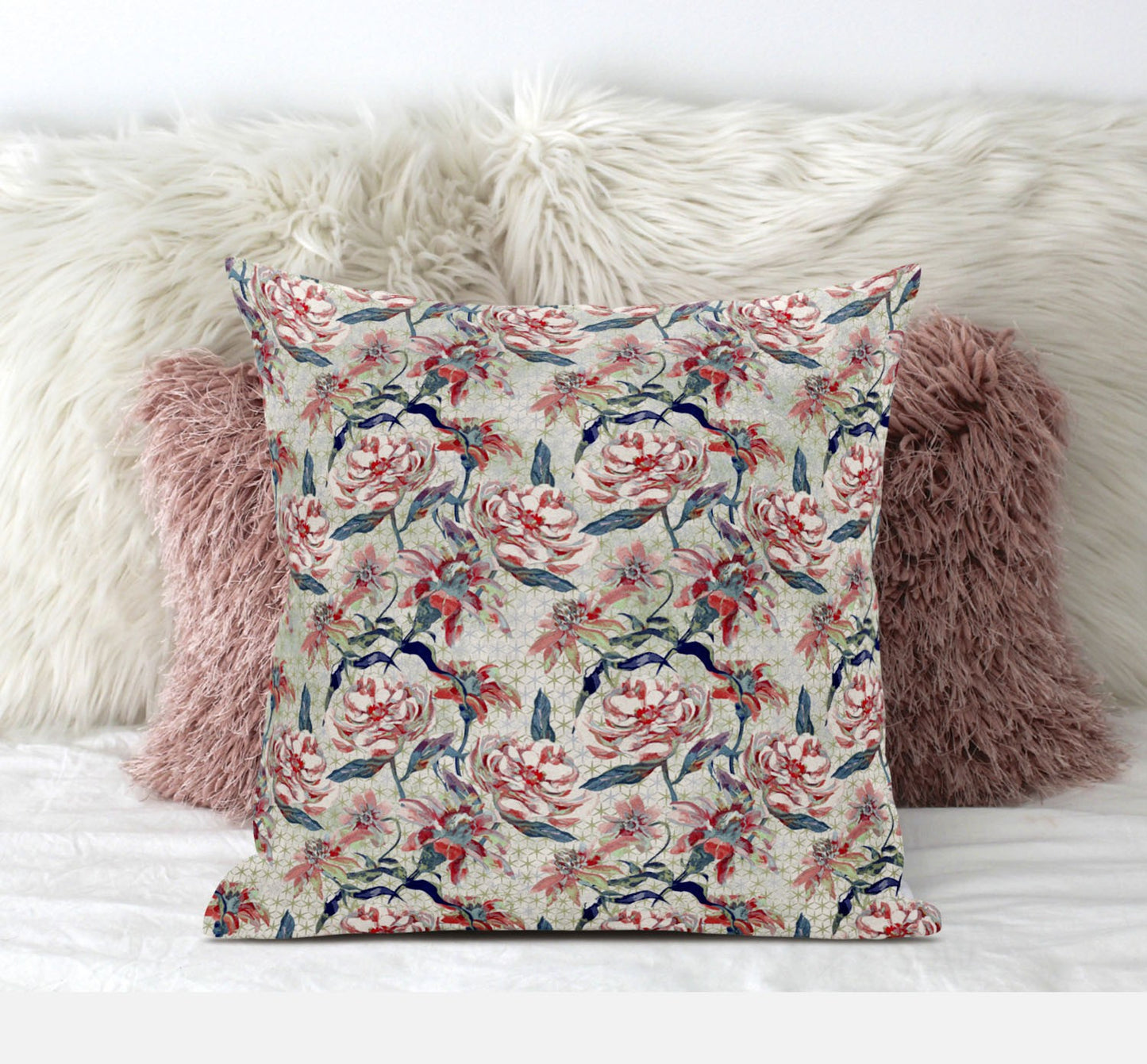 18" Red Pale Green Roses Zippered Suede Throw Pillow