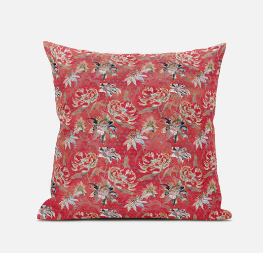 18" Salmon Red Roses Zippered Suede Throw Pillow