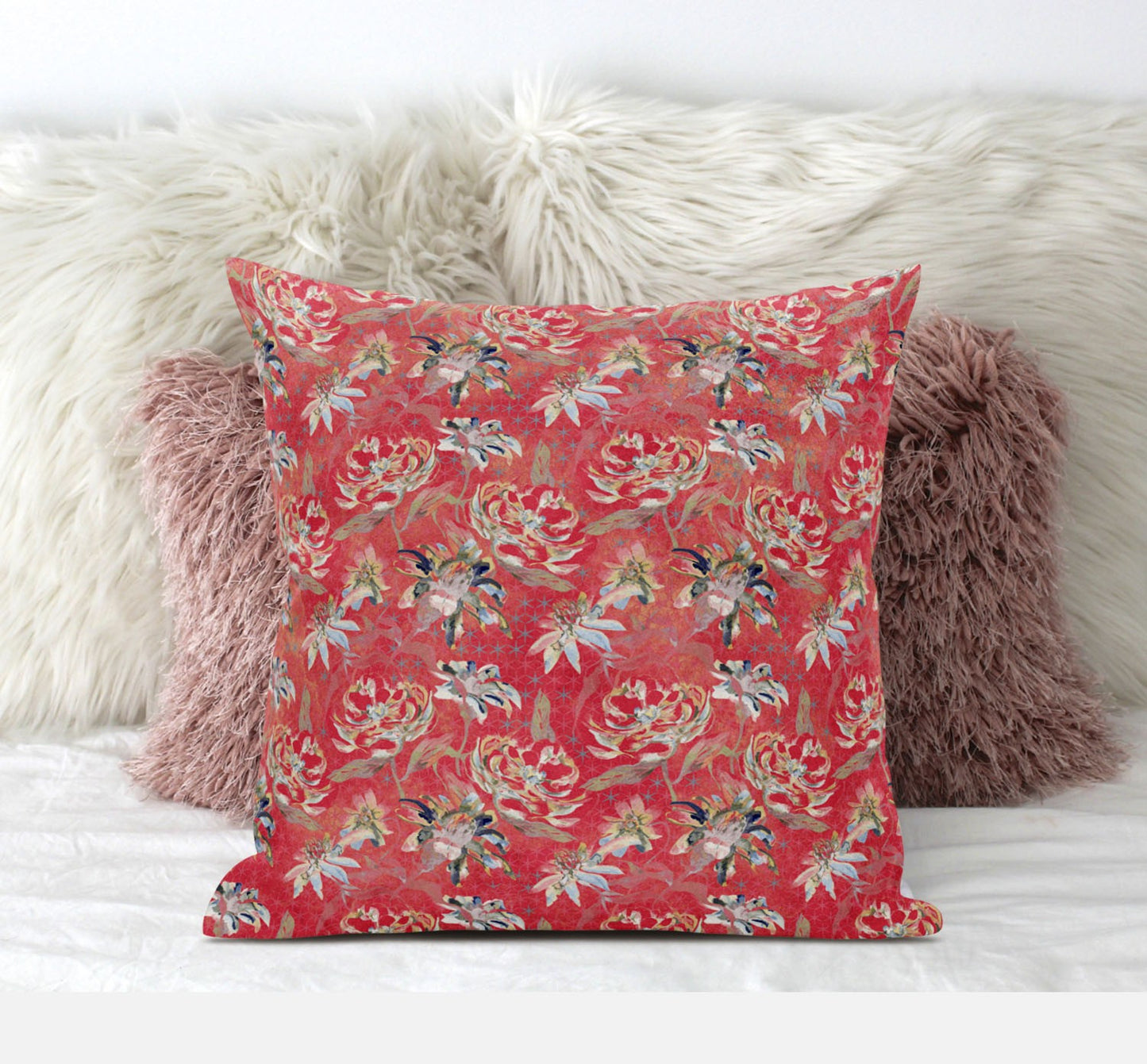18" Salmon Red Roses Zippered Suede Throw Pillow