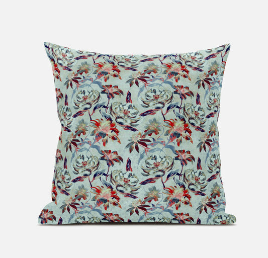 16" Red Aqua Roses Zippered Suede Throw Pillow