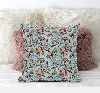 18" Red Aqua Roses Zippered Suede Throw Pillow