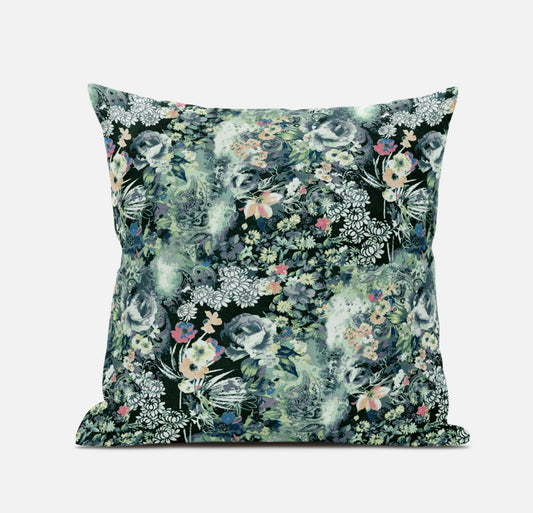 18" Green Black Springtime Zippered Suede Throw Pillow