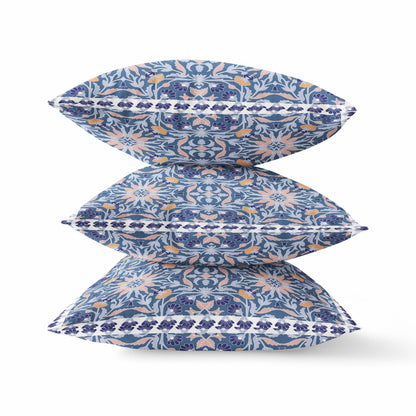 18” Blue Pink Paisley Zippered Suede Throw Pillow