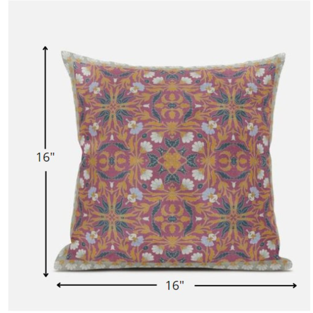 16” Magenta Orange Paisley Zippered Suede Throw Pillow