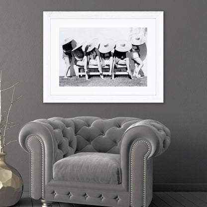 Black and White Vintage Beach Beauties with Hats Framed Print Wall Art