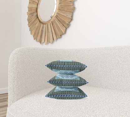 16" X 16" Dark Green Light Blue Geometric Blown Seam Suede Throw Pillow