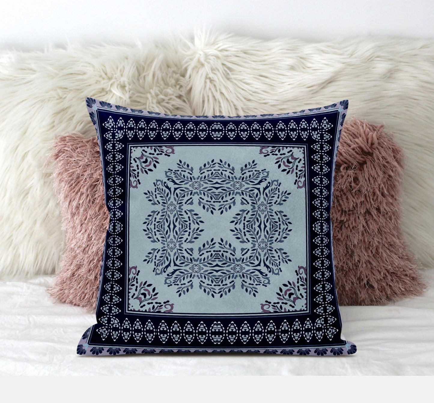 20" X 20" Dark Blue Light Green Geometric Blown Seam Suede Throw Pillow