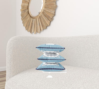 18" X 18" Light Blue White Geometric Blown Seam Suede Throw Pillow