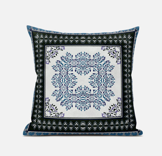 18" X 18" Black Ivory Blue Geometric Blown Seam Suede Throw Pillow