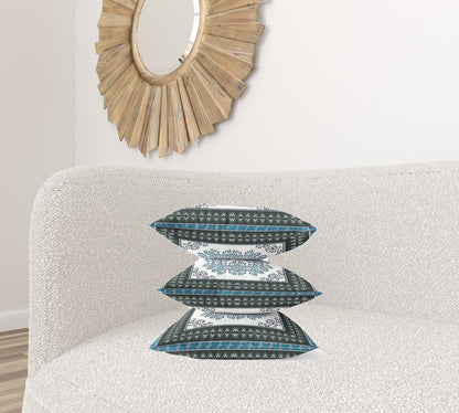18" X 18" Black Ivory Blue Geometric Blown Seam Suede Throw Pillow