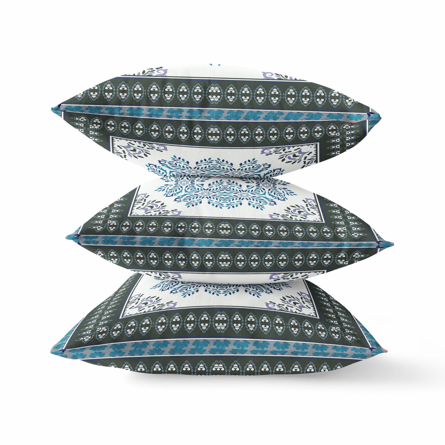 18" X 18" Black Ivory Blue Geometric Blown Seam Suede Throw Pillow