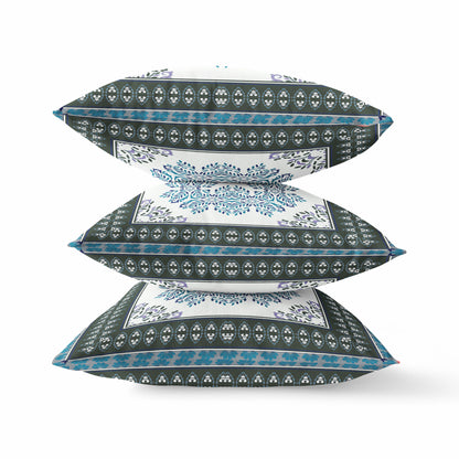 18" X 18" Black Ivory Blue Geometric Blown Seam Suede Throw Pillow