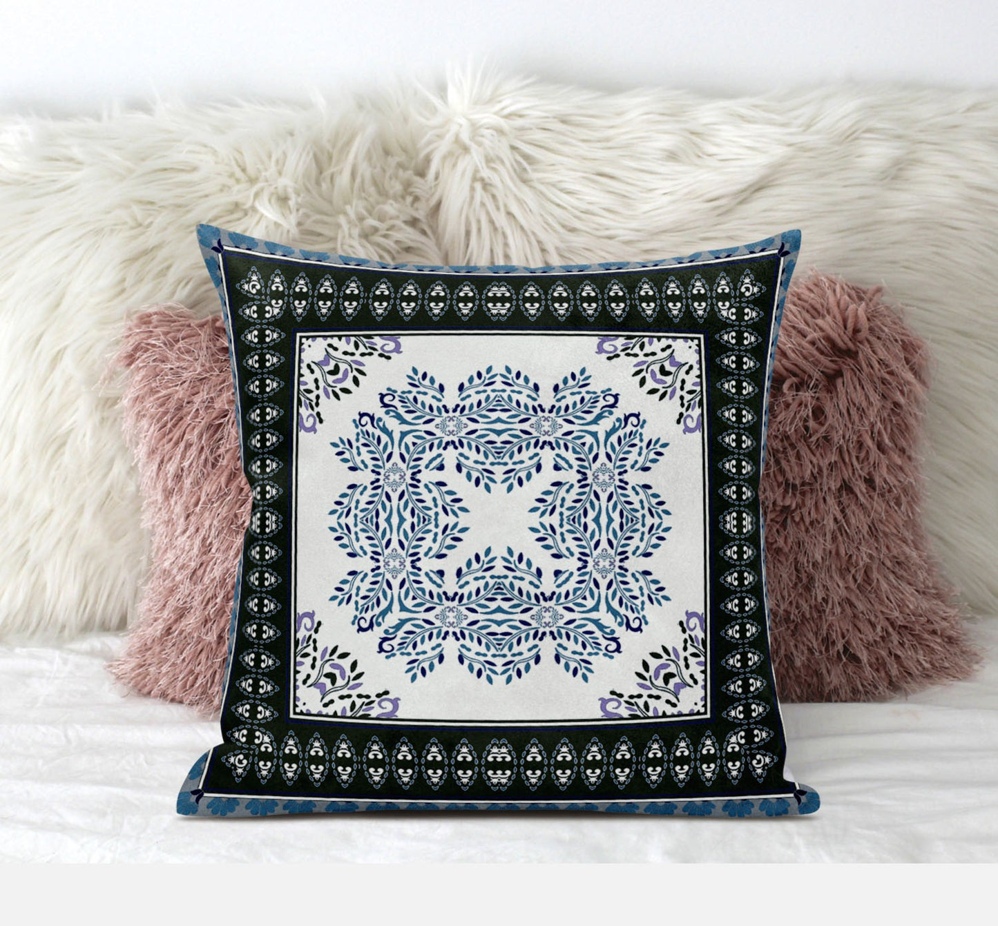 18" X 18" Black Ivory Blue Geometric Blown Seam Suede Throw Pillow