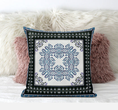 18" X 18" Black Ivory Blue Geometric Blown Seam Suede Throw Pillow