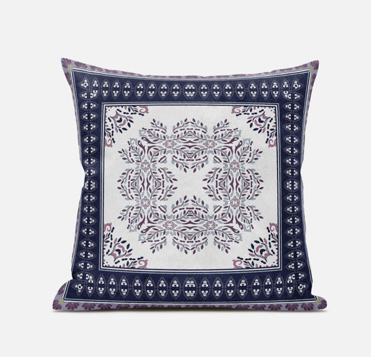 18" X 18" Cream Red Blue Geometric Blown Seam Suede Throw Pillow