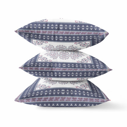 18" X 18" Cream Red Blue Geometric Blown Seam Suede Throw Pillow