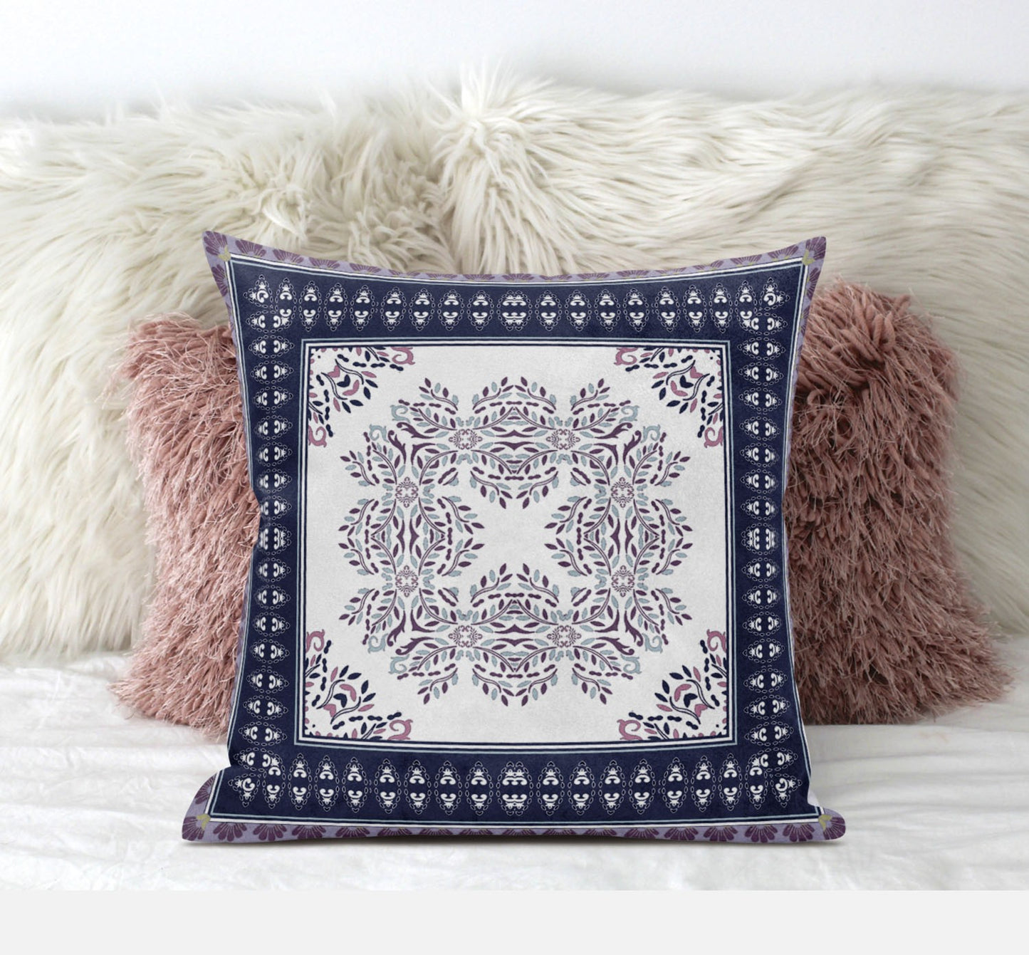 18" X 18" Cream Red Blue Geometric Blown Seam Suede Throw Pillow