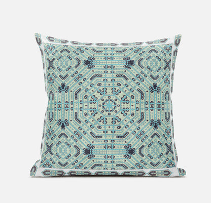 16" X 16" Blue Light Green Geometric Blown Seam Suede Throw Pillow