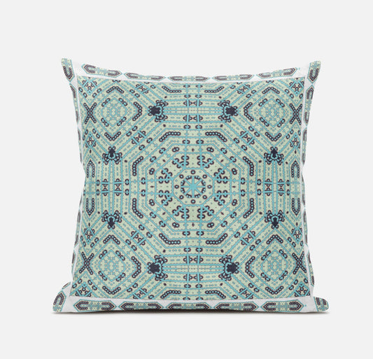 20" X 20" Blue Light Green Geometric Blown Seam Suede Throw Pillow